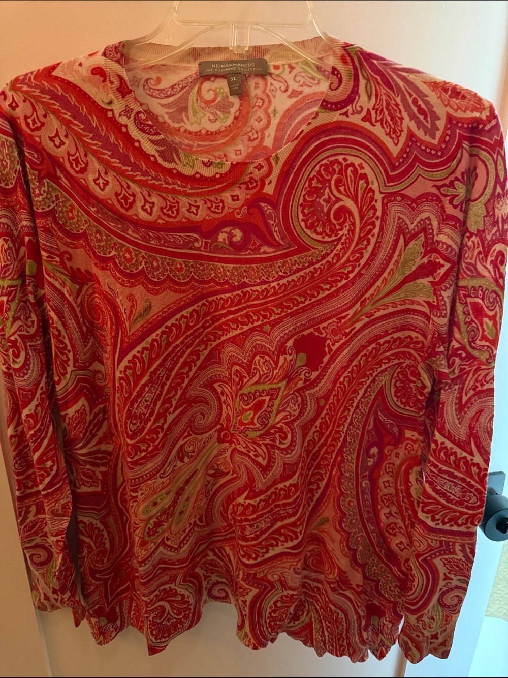 Neiman Marcus Red and Pink Paisley Long Sleeve sweater. The Cashmere Collection